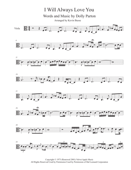 I Will Always Love You Easy Key Of C Viola Sheet Music