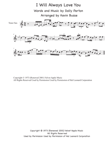 Free Sheet Music I Will Always Love You Sax Solo In Easy Key Of C Tenor Sax