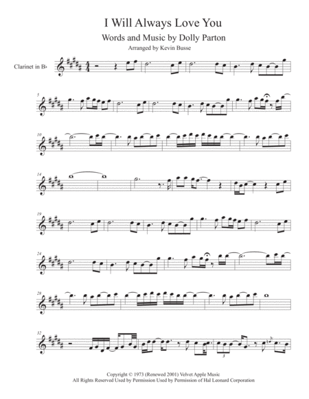 Free Sheet Music I Will Always Love You Sax Solo Included Clarinet