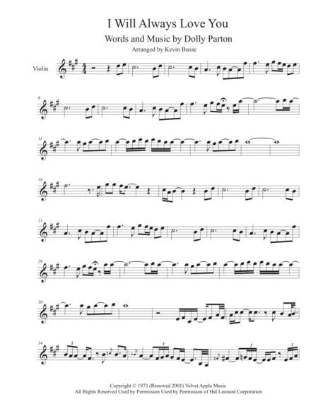 I Will Always Love You Sax Solo Included Violin Sheet Music