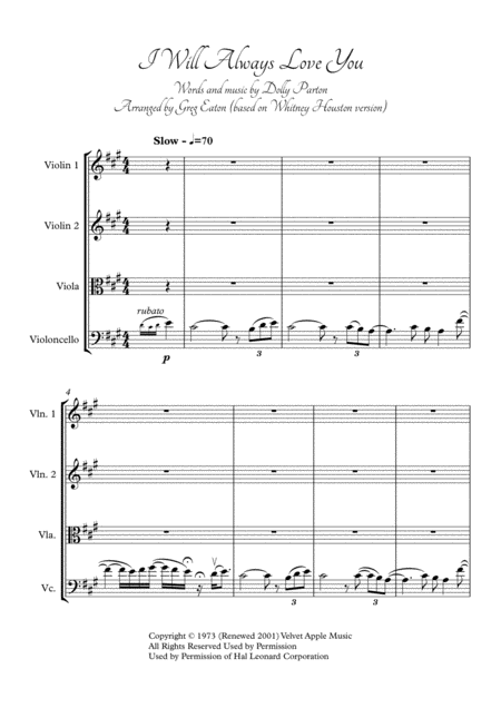 I Will Always Love You Whitney Houston Version Arranged By Greg Eaton For String Quartet Score And Parts Perfect For Gigging Quartets Sheet Music