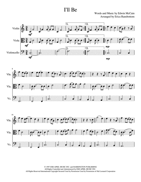 Free Sheet Music I Will Be By Edwin Mccain For String Trio Violin Viola Cello