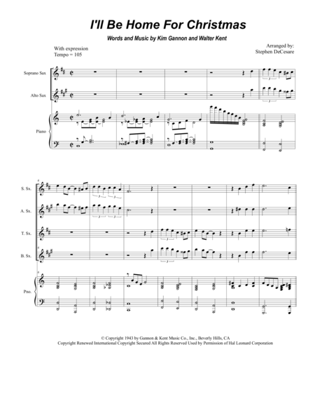 I Will Be Home For Christmas For Saxophone Quartet Sheet Music