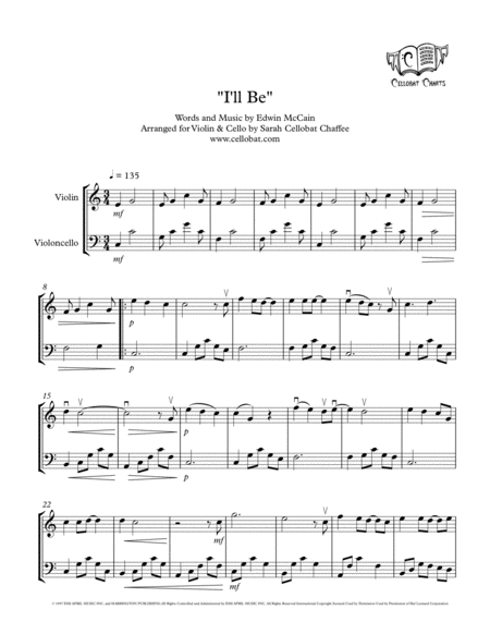 I Will Be Violin Cello Duet Edwin Mccain Arr Cellobat Sheet Music