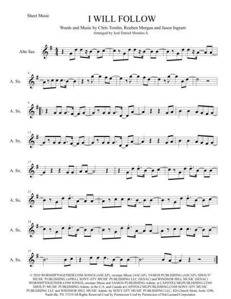 I Will Follow For Alto Sax Sheet Music