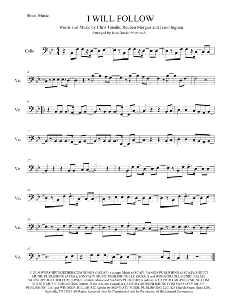 Free Sheet Music I Will Follow For Cello