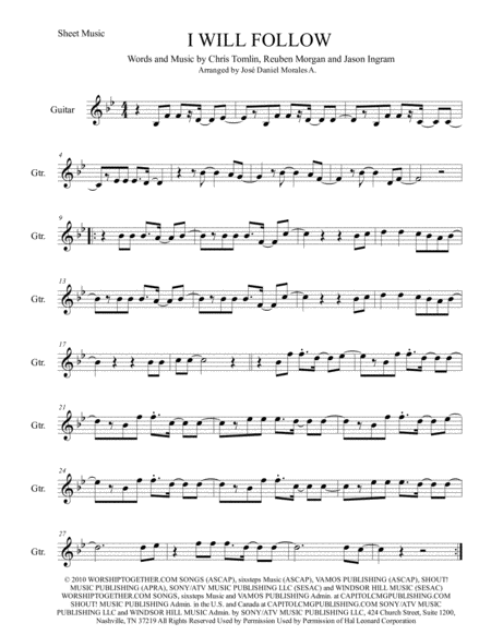 I Will Follow For Guitar Sheet Music