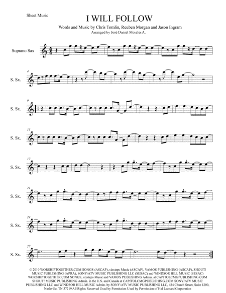 I Will Follow For Soprano Sax Sheet Music