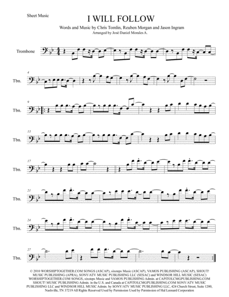 I Will Follow For Tenor Trombone Sheet Music