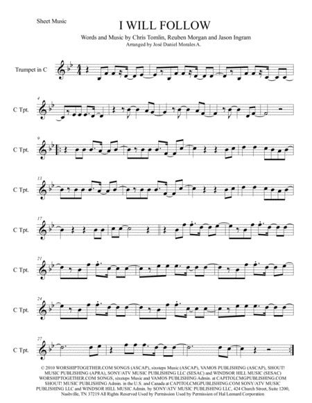 I Will Follow For Trumpet In C Sheet Music