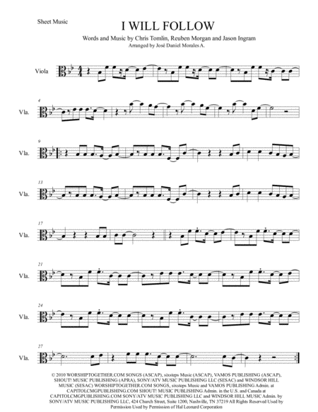 I Will Follow For Viola Sheet Music