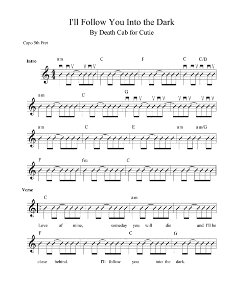 Free Sheet Music I Will Follow You Into The Dark Easy Guitar