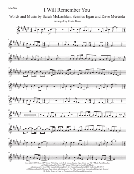 I Will Remember You Alto Sax Original Key Sheet Music