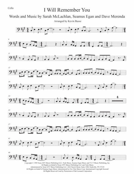 I Will Remember You Cello Original Key Sheet Music