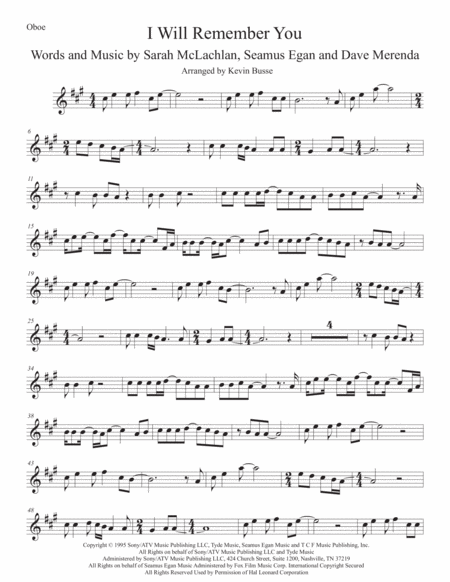 I Will Remember You Oboe Original Key Sheet Music