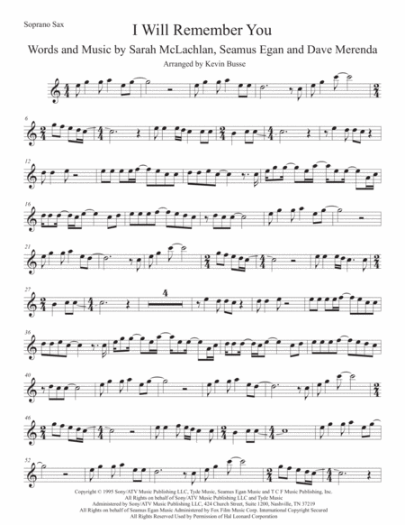 I Will Remember You Soprano Sax Easy Key Of C Sheet Music