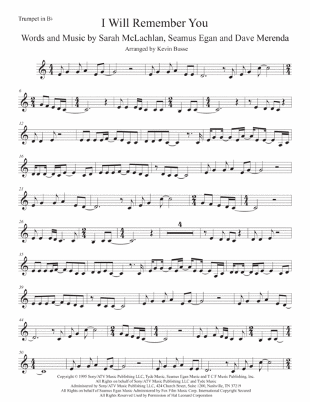 I Will Remember You Trumpet Easy Key Of C Sheet Music