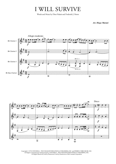 I Will Survive For Clarinet Quartet Sheet Music