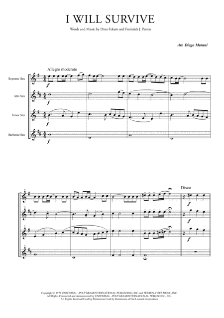 Free Sheet Music I Will Survive For Saxophone Quartet