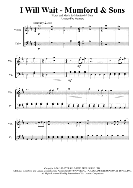 I Will Wait Mumford Sons Arranged For String Duet Sheet Music