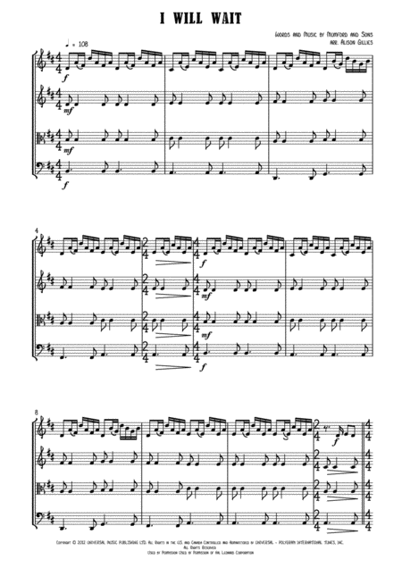 I Will Wait String Quartet Sheet Music