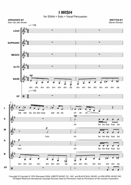 Free Sheet Music I Wish Ssaa Vocal Percussion