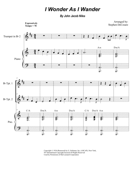 I Wonder As I Wander Duet For Bb Trumpet Sheet Music