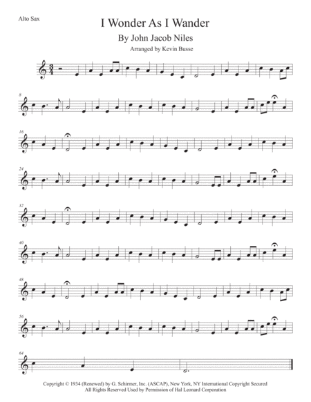 I Wonder As I Wander Easy Key Of C Alto Sax Sheet Music