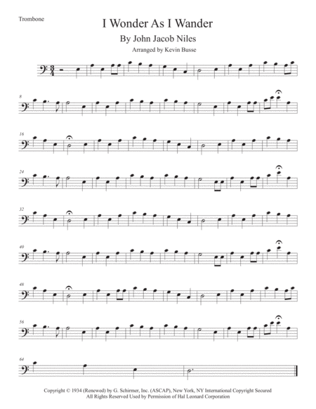 I Wonder As I Wander Easy Key Of C Trombone Sheet Music