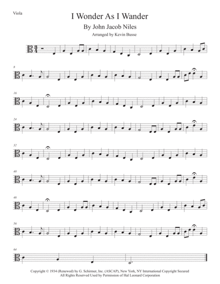 Free Sheet Music I Wonder As I Wander Easy Key Of C Viola