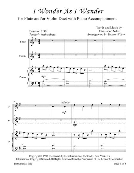 I Wonder As I Wander For Flute And Or Violin Duet With Piano Accompaniment Sheet Music