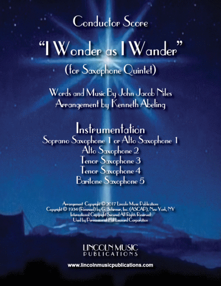 I Wonder As I Wander For Saxophone Quintet Sattb Or Aattb Sheet Music