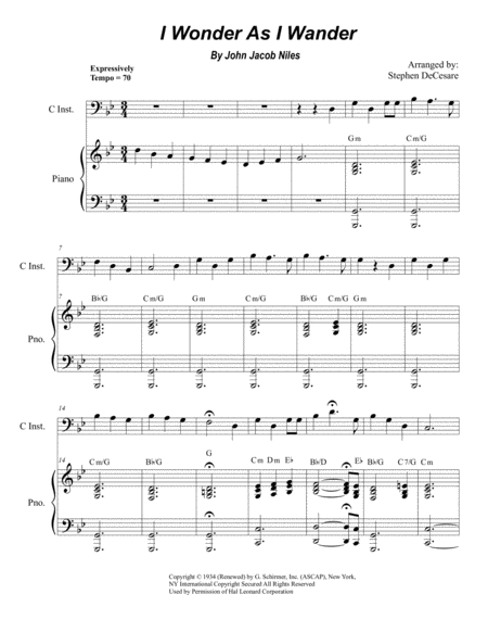 I Wonder As I Wander For Solo Bass C Instrument Sheet Music