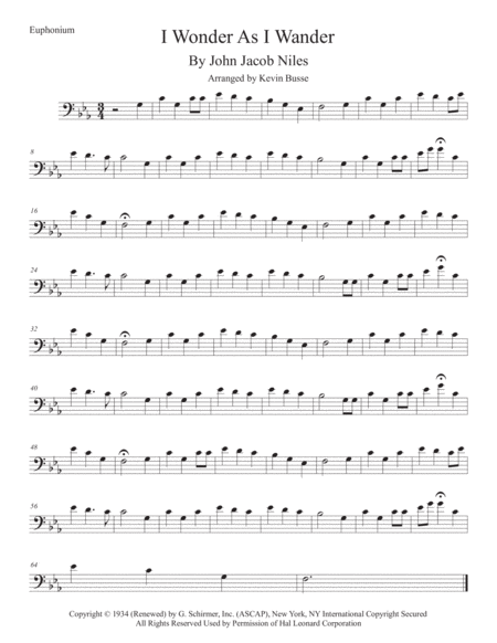 I Wonder As I Wander Original Key Euphonium Sheet Music