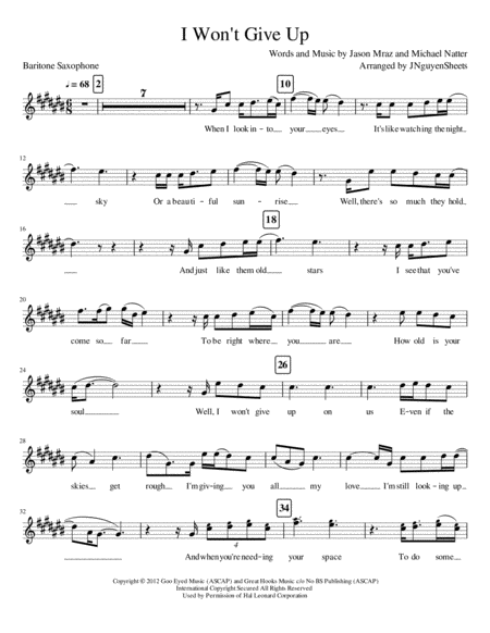 I Wont Give Up Baritone Sax Sheet Music