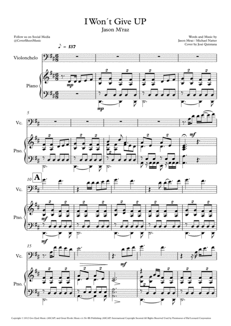 I Wont Give Up Cello And Piano Sheet Music