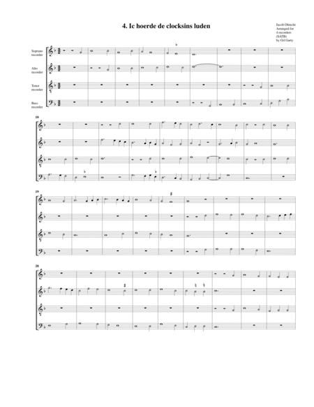 Ic Hoerde De Clocksins Luden Arrangement For 4 Recorders Sheet Music