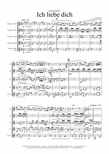 Ich Liebe Dich Beethoven Goes Polka Clarinet Quintet Sheet Music