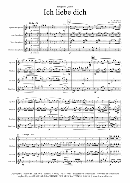 Ich Liebe Dich Beethoven Goes Polka Saxophone Quartet Satb Sheet Music