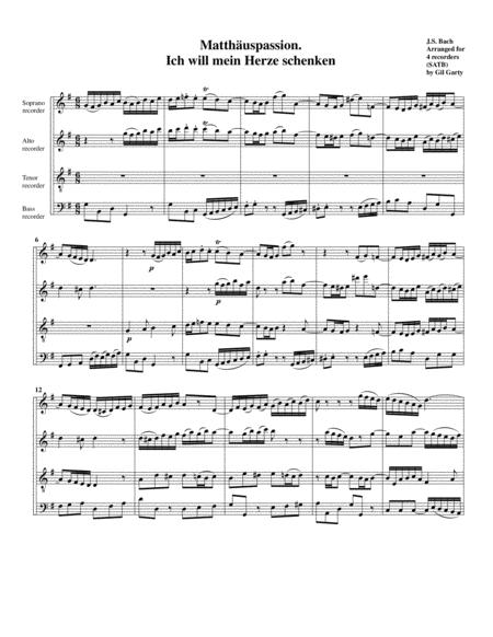 Ich Will Mein Herze Schenken From Matthaeuspassion Bwv 244 13 Arrangement For 4 Recorders Sheet Music