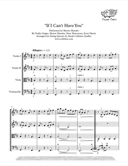 If I Cant Have You String Quartet Shawn Mendes Arr Cellobat Recording Available Sheet Music