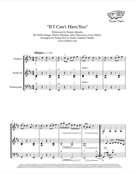 Free Sheet Music If I Cant Have You String Trio 2 Violins Cello Shawn Mendes Arr Cellobat