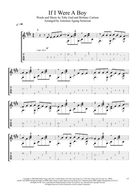 If I Were A Boy Fingerstyle Guitar Solo Sheet Music