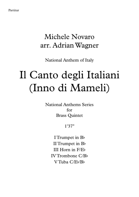 Il Canto Degli Italiani Inno Di Mameli Brass Quintet Arr Adrian Wagner Sheet Music