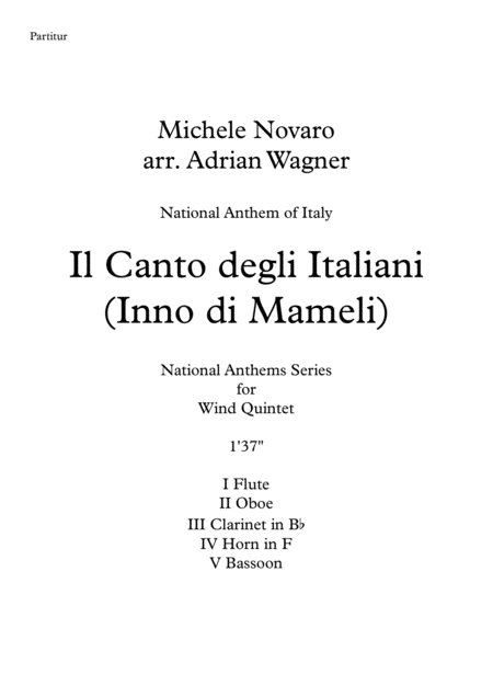 Il Canto Degli Italiani Inno Di Mameli Wind Quintet Arr Adrian Wagner Sheet Music