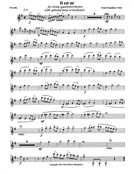 Free Sheet Music Il Est Ne He Is Born Parts Arranged For String Quartet Or Flute Quartet With Optional Harp Or Keyboard