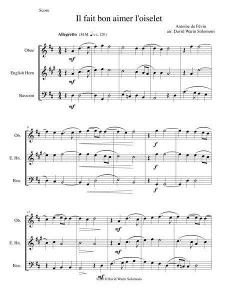 Il Fait Bon Aimer L Oiselet For Double Reed Trio Oboe Cor Anglais Bassoon Sheet Music