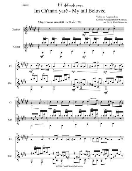 Free Sheet Music Im Ch Inari Yar My Tall Belovd For Clarinet And Guitar