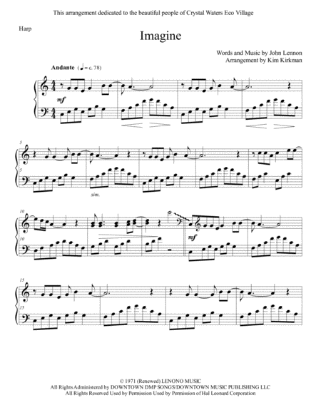 Imagine By John Lennon For Harp In C No Levers Required Sheet Music