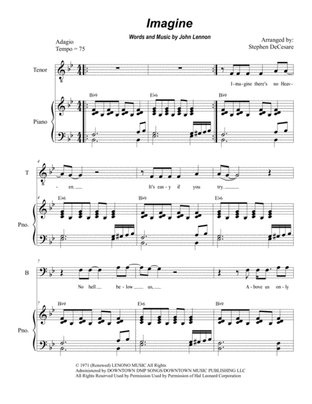 Free Sheet Music Imagine For 2 Part Choir Tb